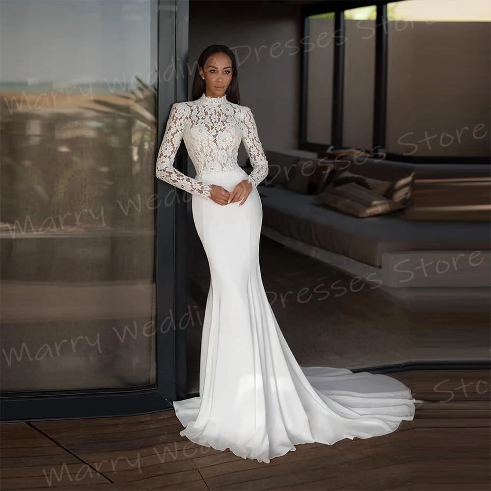 Pretty Mermaid Classic Women's Wedding Dresses New High Neck Appliques Lace Bride Gowns Long Sleeve Backless Vestidos De Novia