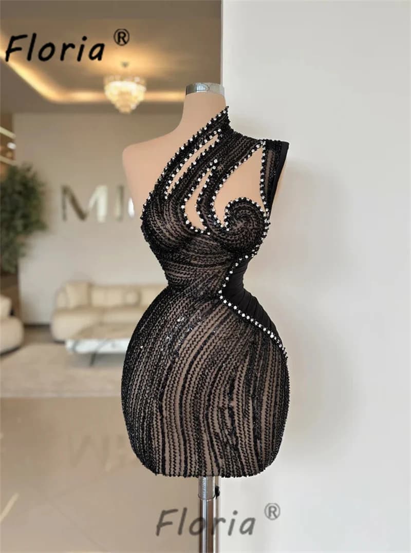 Dubai Arabic See Through Short Cocktail Gown Black One Shoulder Sequin Crystal Prom Dress Birthday Mini Skirt vestidos de festa