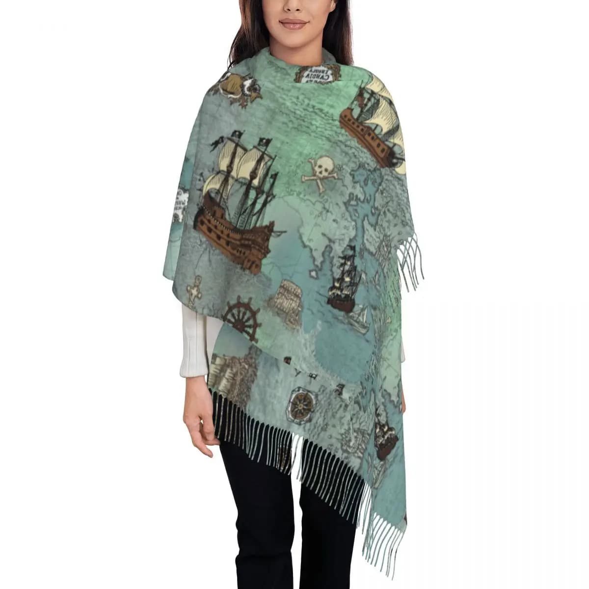 Luxury Pirate Map Nautical Sea Print Tassel Scarf Women Winter Fall Warm Shawl Wrap Female Skull Sailor Scarves