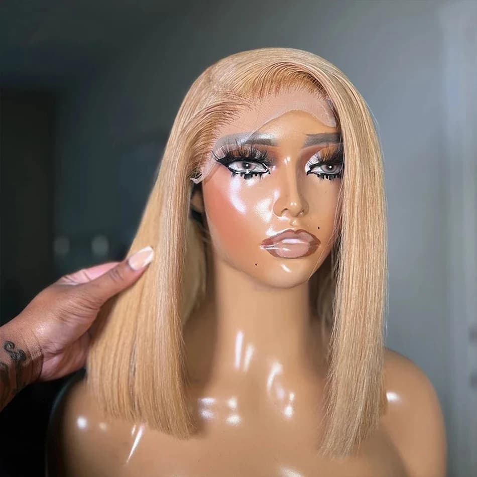Cheap 27# Honey Blonde Lace Frontal Wigs 13x4 Lace Front 100% Human Hair Wigs Bone Straight lolita Cut Bob Brazilian Wigs Sale