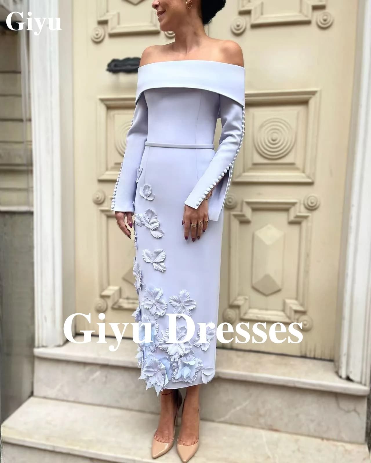 Giyu Fashion Off Shoulder Evening Women's Long Sleeve Button Arabic Flower Applique Straight Formal Party Dresses Prom Dresses