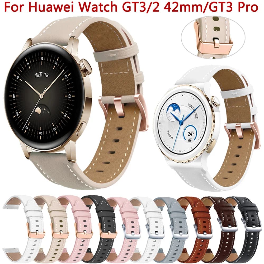 20mm Leather Watch Band For Huawei Watch GT 3/2 GT2 42mm GT3 Pro 43mm Strap Women Honor Magic 2 ES Smartwatch Wristband Bracelet
