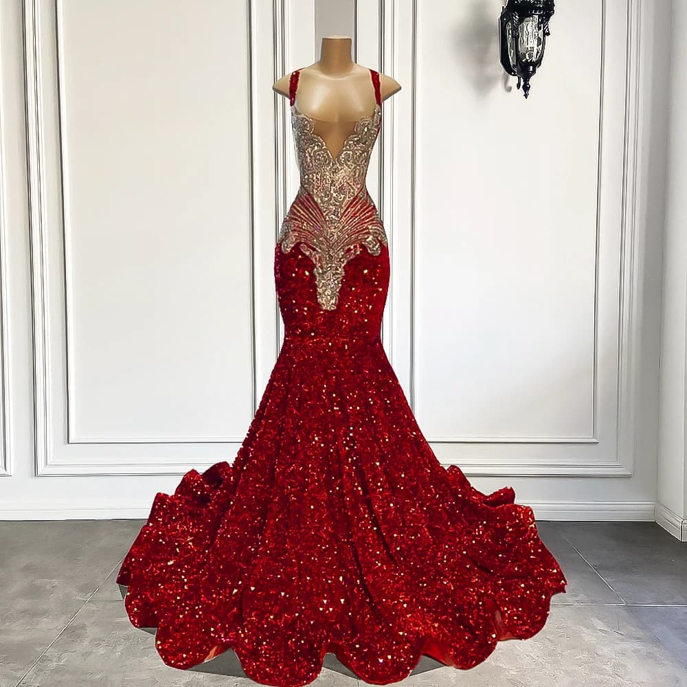 Gorgeous Long Prom Dresses 2025 Mermaid Style Luxury Sparkly Silver Crystals Red Sequin Black Girls Prom Party Formal Gowns