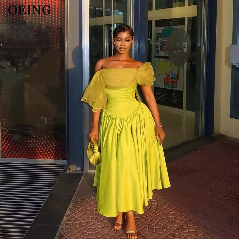 OEING Light Green A-Line Prom Dresses Off The Shoulder Pleats Sleeveless Satin Party Gowns Ankle Length Evening Dress Customized