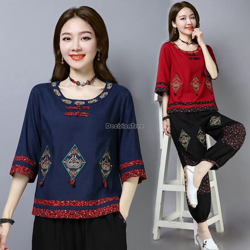 2025 chinese style women's spring summer new national style embroidered disc buckle loose cheongsam top retro cotton blouse b168