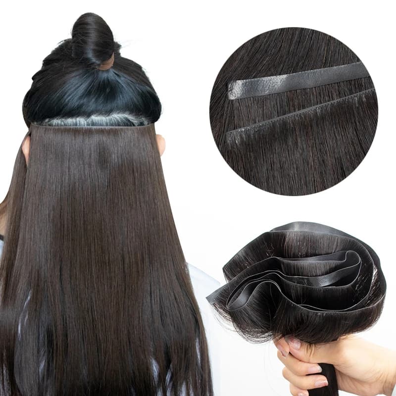 Invisible Long Tape PU Weft Human Hair Bundles Real Natural Hair Seamless & No-Glue Injected Tape In Hair Extensions Thick Ends