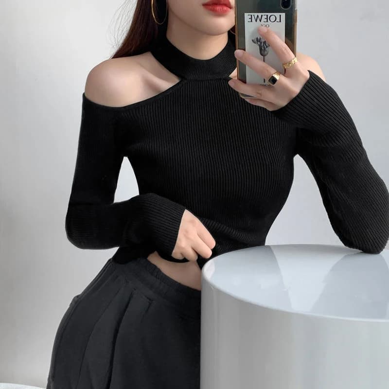 Black Sexy Off-Shoulder Knitting Sweater Y2K Harajuku Hollow Out Slim Casual Pullover Female Solid Streetwear O Neck Knit Jumper