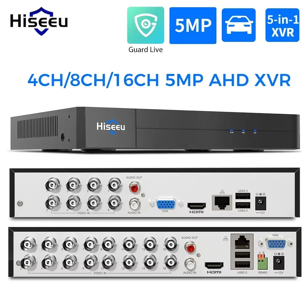 Hiseeu 5MP 4CH 8CH 16CH 5 IN1 XVR for AHD Analog TVI CVI CVBS Camera NVR For IP Cameras Vehicle/Face/Motion Detection Guard Live