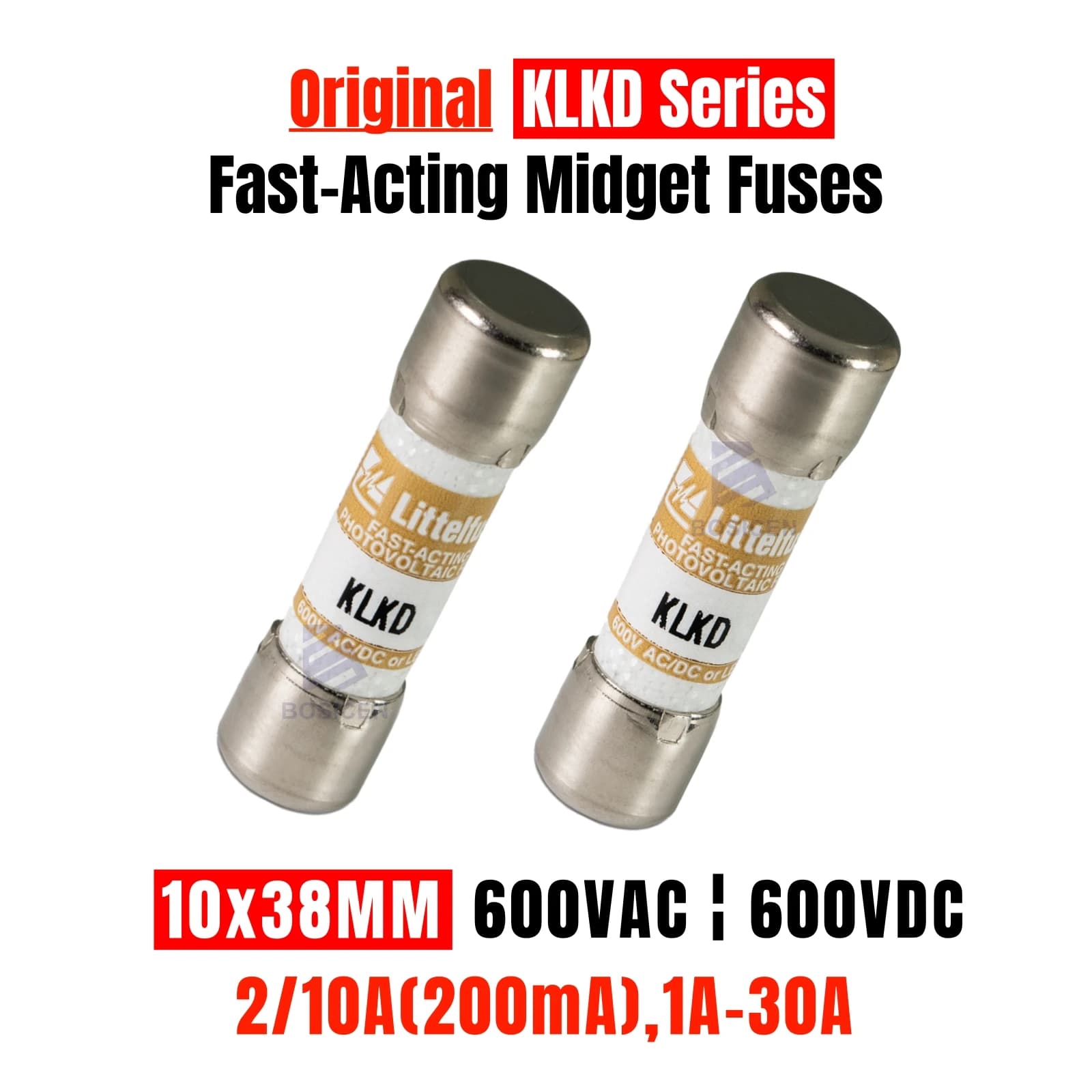 Original 600Vac 10*38 10X38MM Creamic Fast acting Fuse KLKD.200 KLKD001/002/003/004/005/006/007/008/009/010/012/015/020/025/030