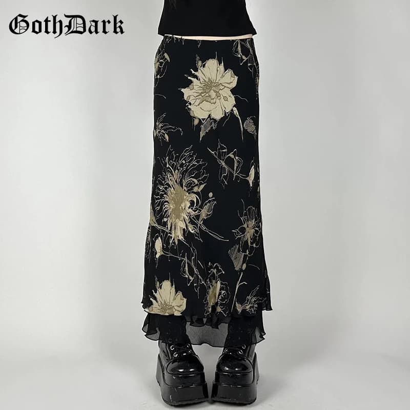 Goth Dark Y2K Aestheics Double Layer Mesh A-line Skirt Women Fashion Florals Print Slim Skirts Fairy Streetwear Gothic Bottoms