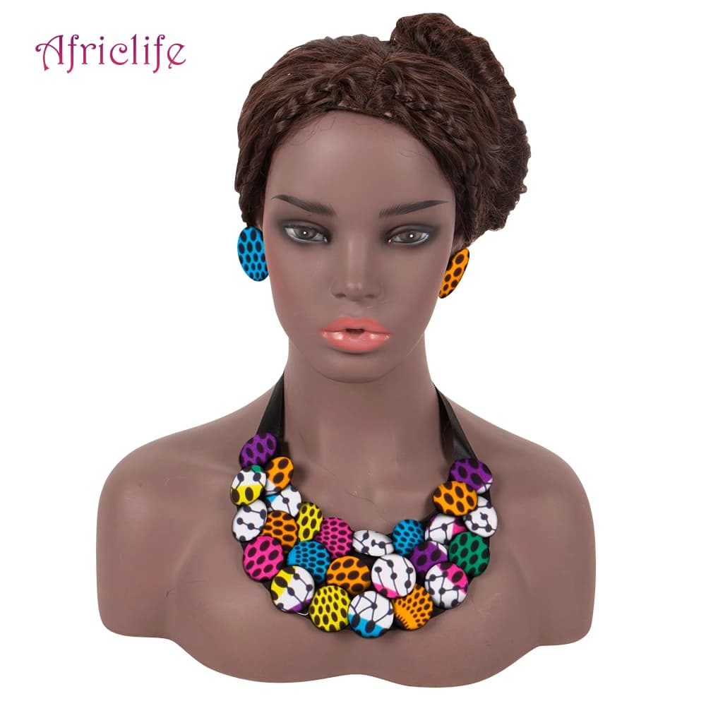 African Print Colorful Cover Buttons Bib Necklaces Matching Earrings Jewelry Set Ankara Bib Body Accessories Gift for Her WYB830