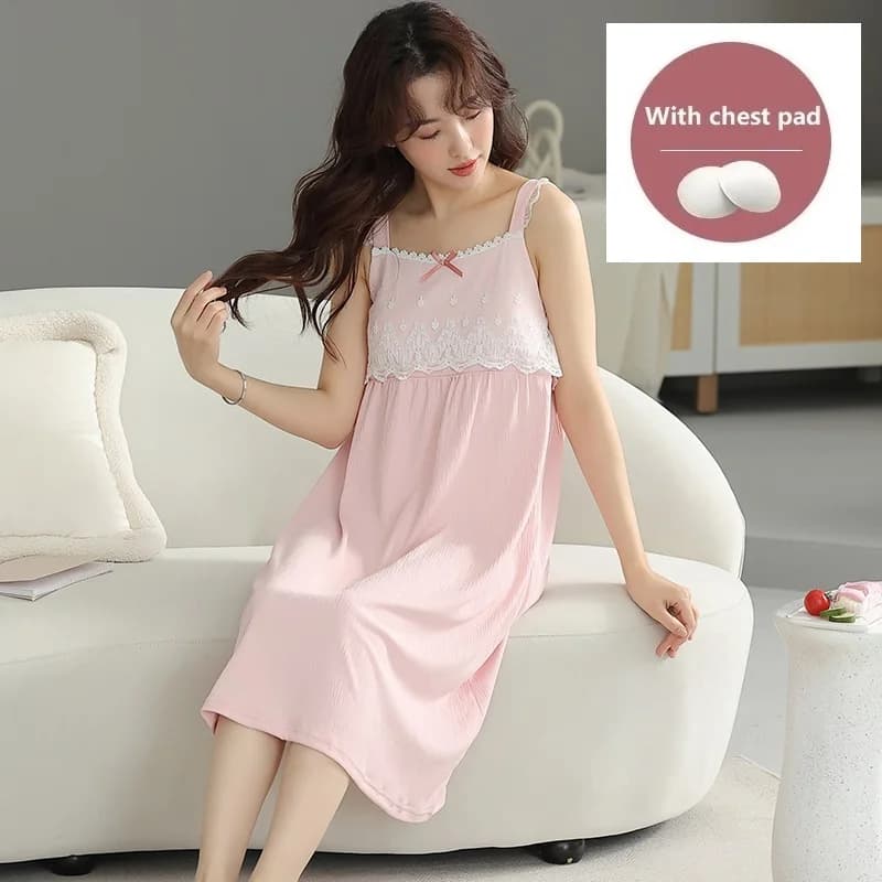 Women Lace Nightgowns With Chest Pads Cotton Night Dress Sexy Spaghetti Strap Casual Home Dress Night Shirt Solid Sleepwear