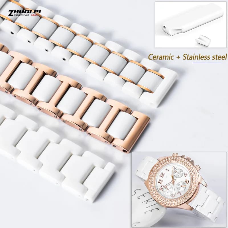 Quick release Ceramic Stainless steel women watch strap For any brand metal watchband Bracelet 12 14mm 16mm 18mm Rose gold white