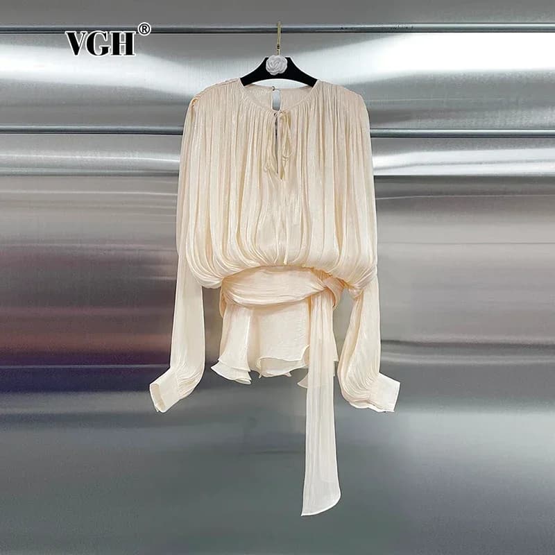 VGH Loose Solid Blouse With Ribbon Dresses For Women V Neck Long Sleeve Spliced Lace Up Sweet Style Dress Female Clothing Autumn