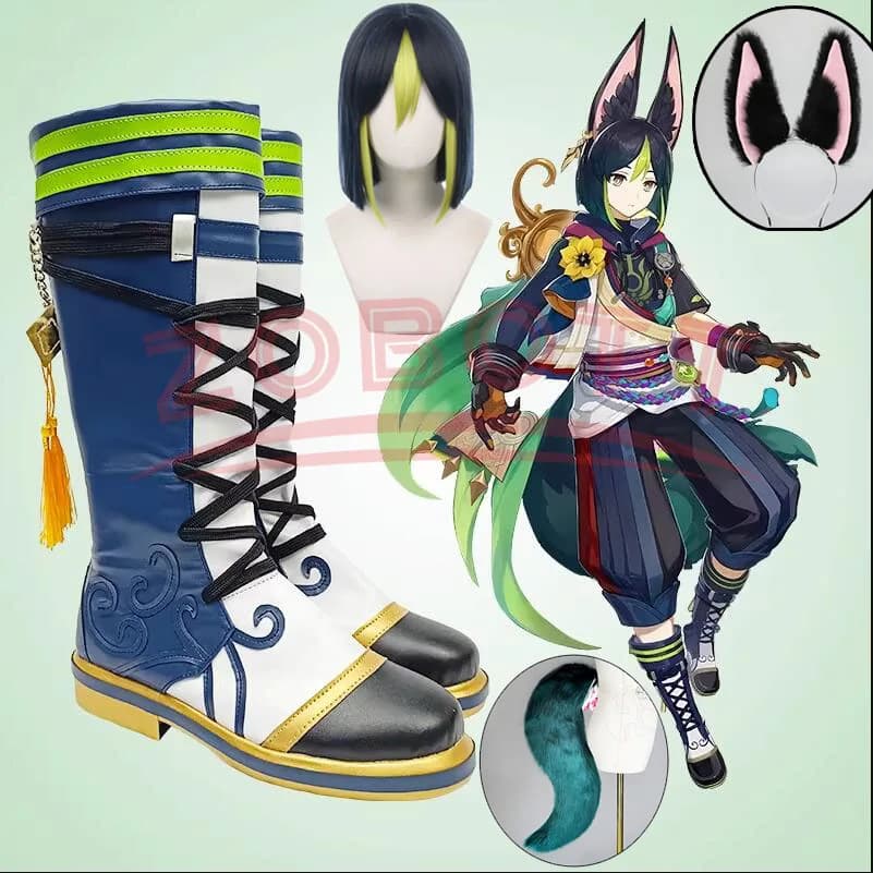 Game Genshin Impact Tighnari Cosplay Costumes Shoes Boots Tail Halloween Party Costume Accessories Tighnari Headwear Wig+Cap