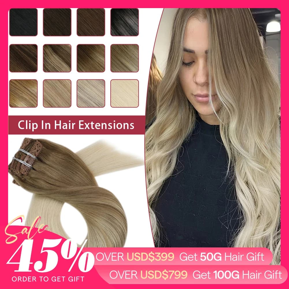 Moresoo Clip in Hair Extensions 100% Real Remy Human Hair Brazilian Silky Straight Hair Extension Balayage Blonde Hair Extension