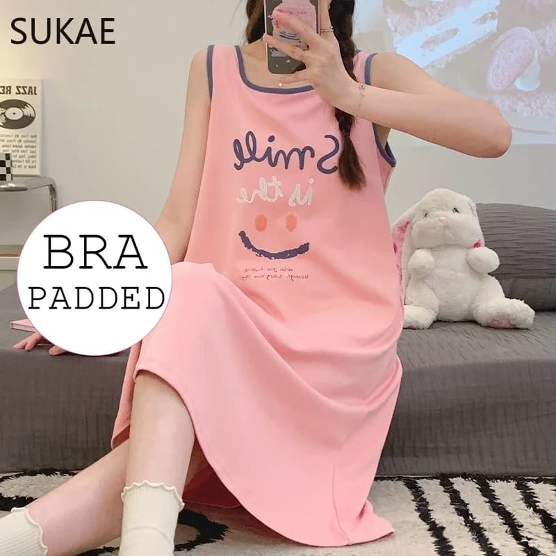 SUKAE Comfy 100% Cotton Girl Sleeveless Dress Casual Nightgowns Summer New Nightdress Casual Women Sleepshirt Leisure Loungewear