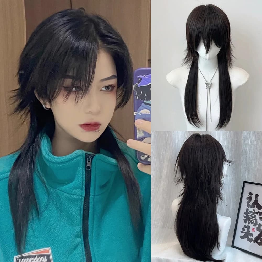 VICWIG Black Mullet Head Wigs with Bangs Long Synthetic Straight Men Women Anime Cosplay Hair Wig for Daily Party