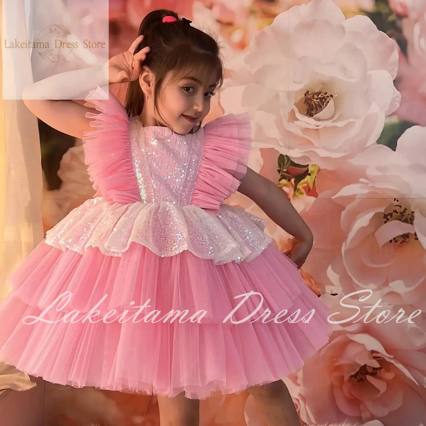 Pink Princess Flower Girl Dress For Wedding Sleeveless Tulle Knee Length With Sequins Puffy Birthday First Communion Ball Gown