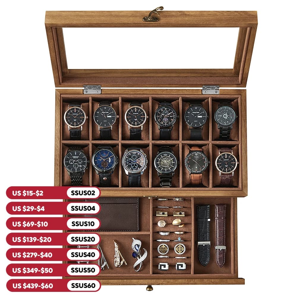 SONGMICS 12-Slot Watch Box, 2-Tier Watch Display Case with Large Glass Lid, Removable Watch Pillows, Velvet Lining, Jewelry Box