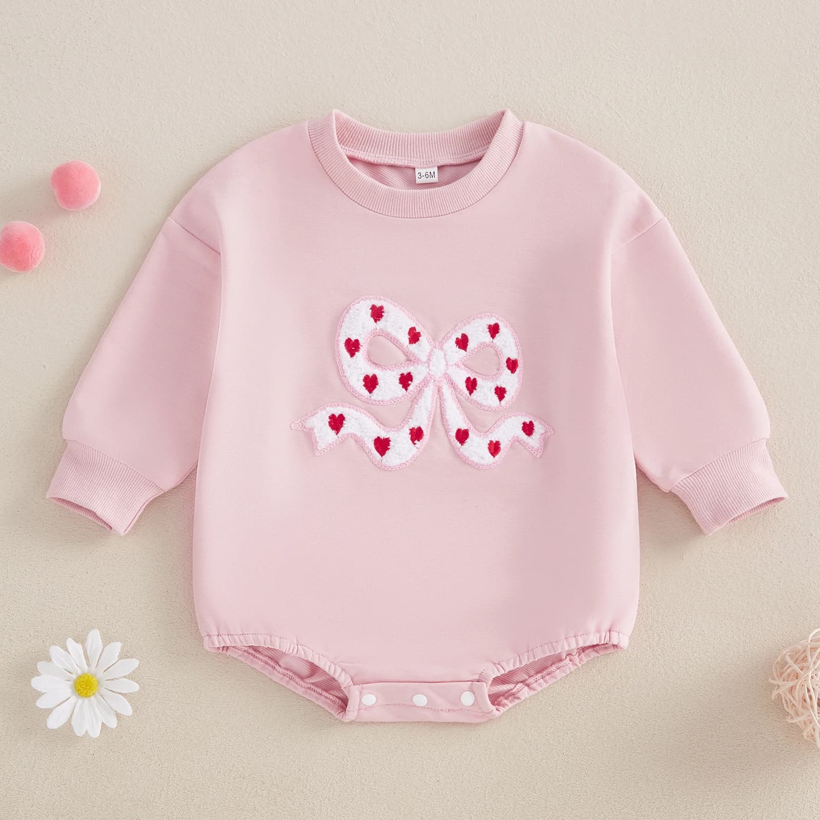BeQeuewll Cute Baby Girl Long Sleeve Clothes Newborn Sweatshirt Romper Bow Embroidery Long Sleeve Crew Neck Bubble Cute Jumpsuit