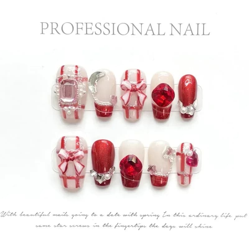 10pcs Chic Medium French Ballet Nails Red Rhinestone Plaid Ribbon Bownot Fake Nails Handmade Press on Nails Full Cover Nail Tips