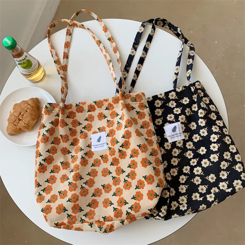 Retro Corduroy Women's Shoulder Bag Large Capacity Student Girls Casual Tote Book Handbags Flower Leopard Female Shopping Bags