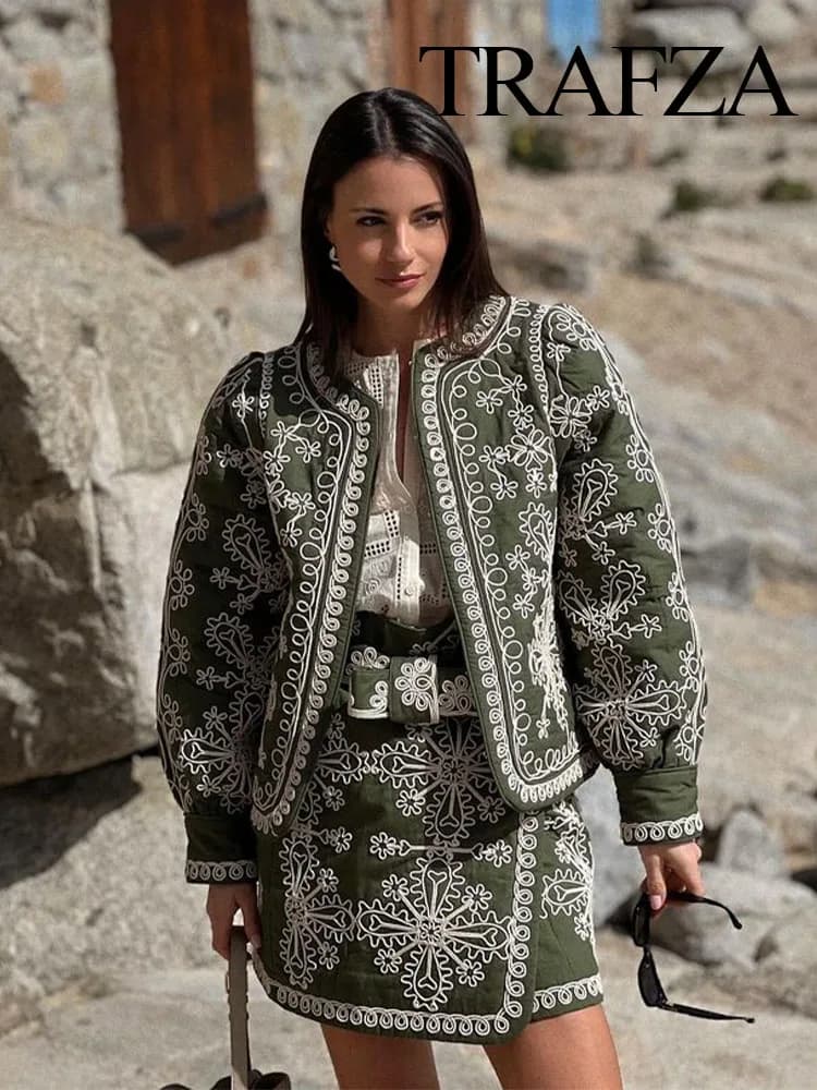 TRAFZA Women 2 Piece Set Printed O-Neck Long Sleeve Loose Winter Coat+Fashion High Waist Buttons Crop Bow Decorate Mini Skirt