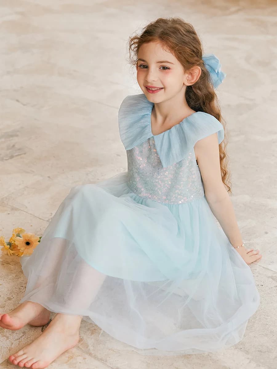 Baby Girls Summer Sleeveless Dresses Green Gauze Sequin Princess Birthday Wedding Flower Girl Wear Bubble Dress Petal Collar