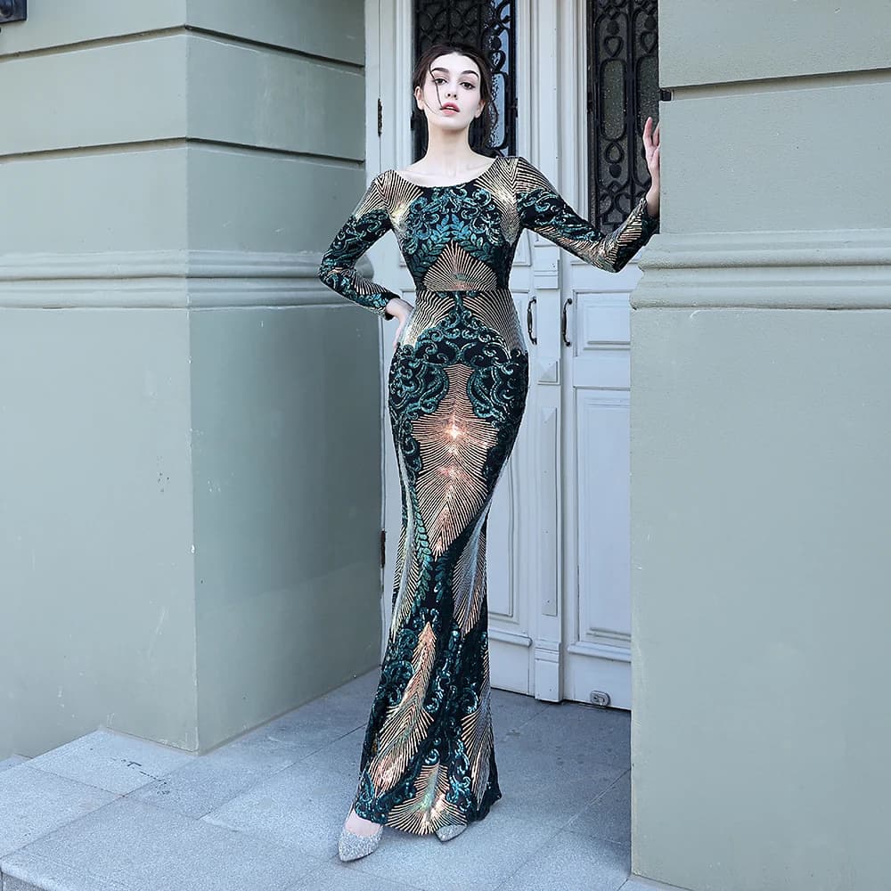 Sequin Sexy Maxi Evenning Dress for Women, Long Sleeves