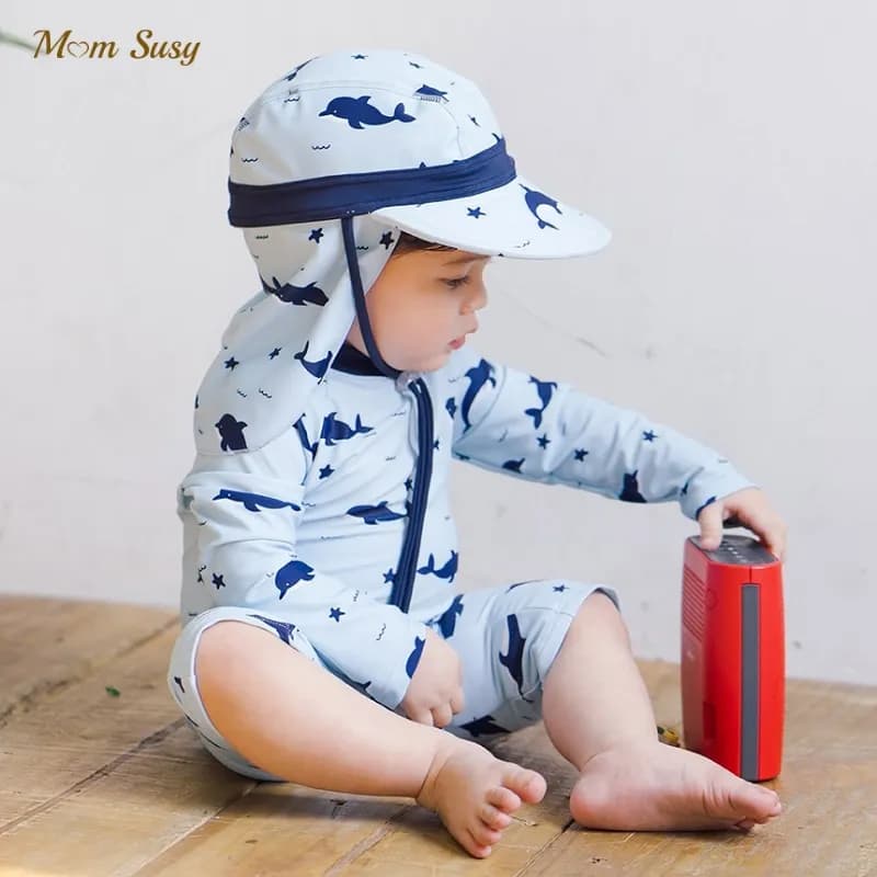 Summer Baby Boy Girl Swim Suit One Piece Cap Infant Toddler Child Swimwear Cartoon Zipper Bathing Suit  Kid Swimming Clothing
