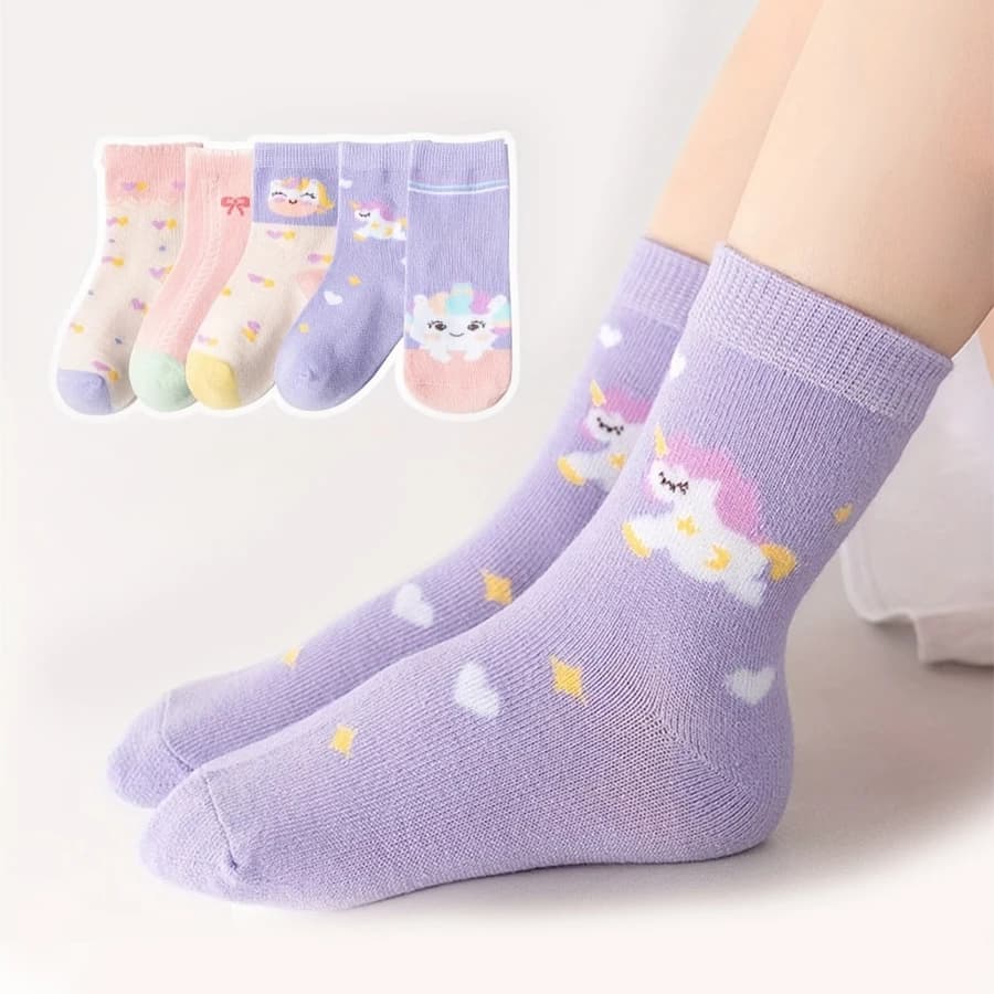 5 Pairs of Kidsren's Socks with Cartoon Cute Unicorn Patterns for Girls and Babies, Versatile Trendyy Bow Mid-Calf Socks, Suitable for Daily Casual Life