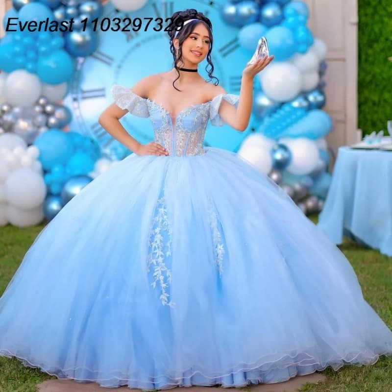 EVLAST Customized Sky Blue Quinceanera Dress Ball Gown Lace Applique Beading Off Shoulder Sweet 16 Vestido De 15 Anos TQD898