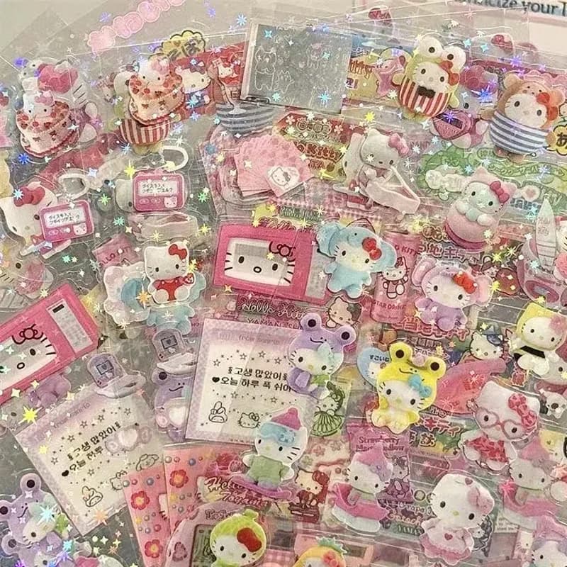 5pcs Kt Rilakkuma Cartoon Die-Cutting Sticker Kt Cat Diy Flashing Laser Stickers Anime Handbook Material Stickers Girl Kid Gift