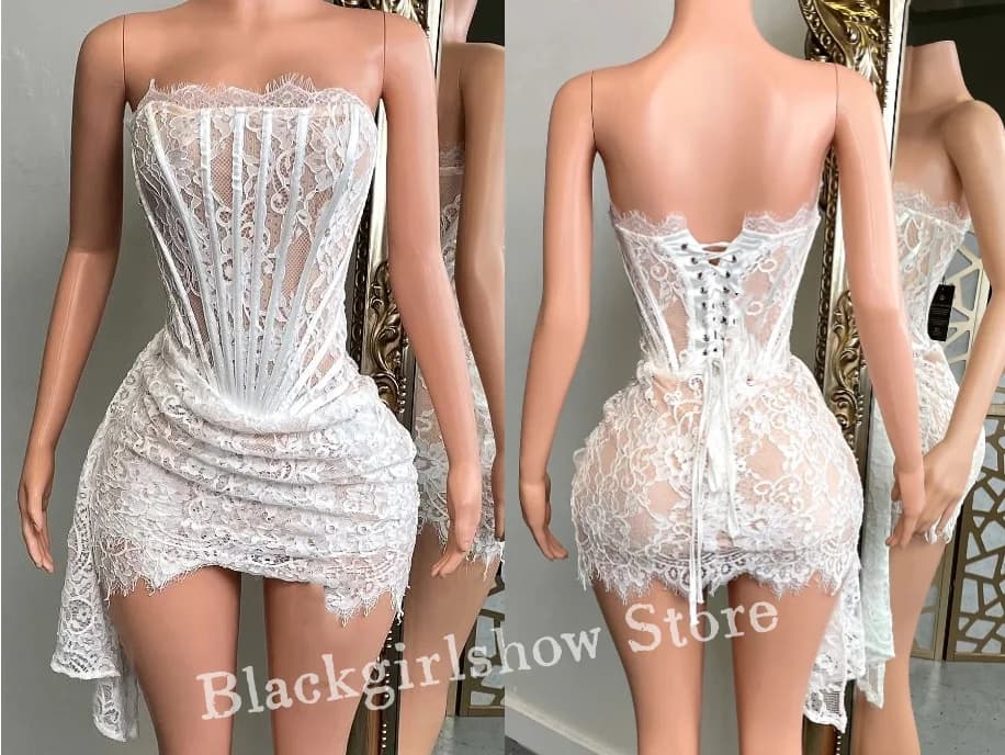 Sexy Lace Short Cocktail Dresses White Hollow Out Sheer Lace Applique Black Girls Formal Occasion Birthday Customised vestido