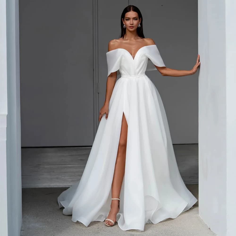 Simple Strapless Wedding Dresses Wide Off Shoulder Sleeves V Neck Bridal Front Slit Organza A-Line Bow Sweep Vestidos De Novia