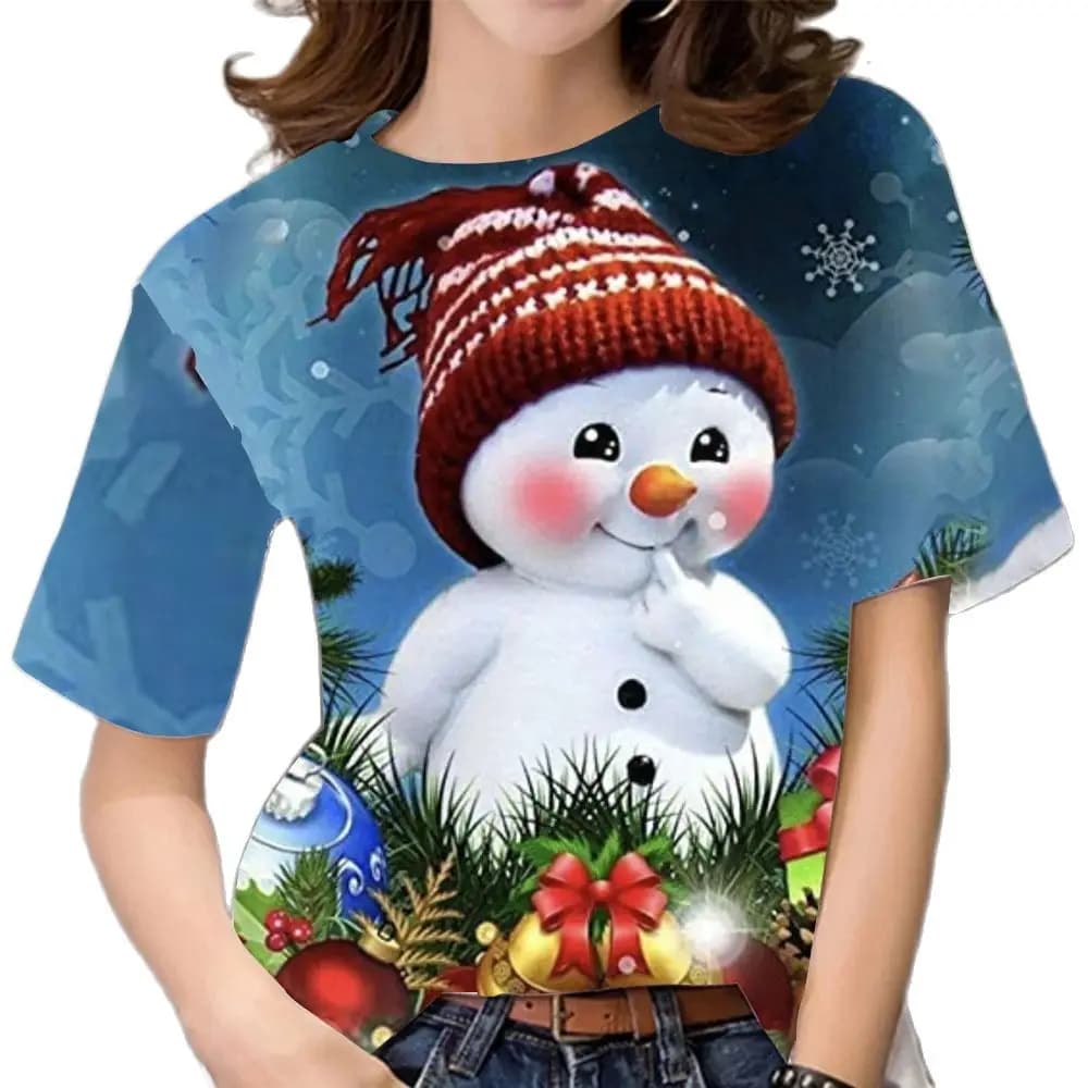 2024 Women Christmas T Shirt 3d Crew Neck Girls Short Sleeve Tops Korea Fashion Ladies Xmas T-shirts Oversized Womens Clothing