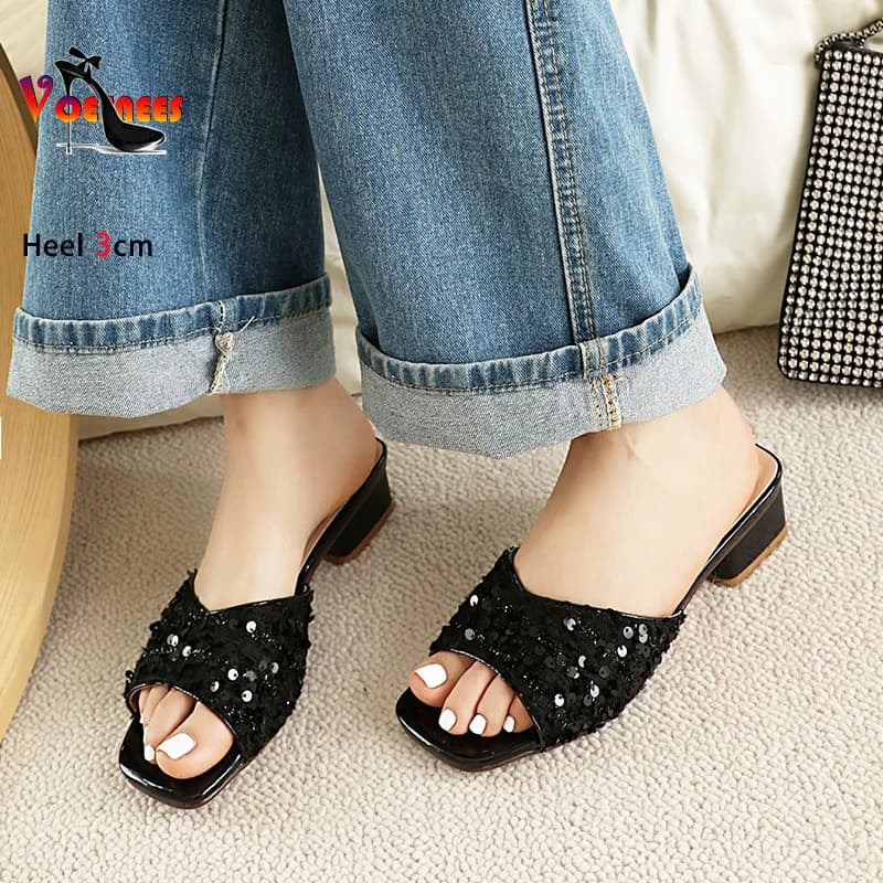 Women's Square Toe Slippers Bling Sequin Everyday Lady Shoes 2024 Summer Outdoors Block Heel Sandals 3CM High Heels Slides Mules