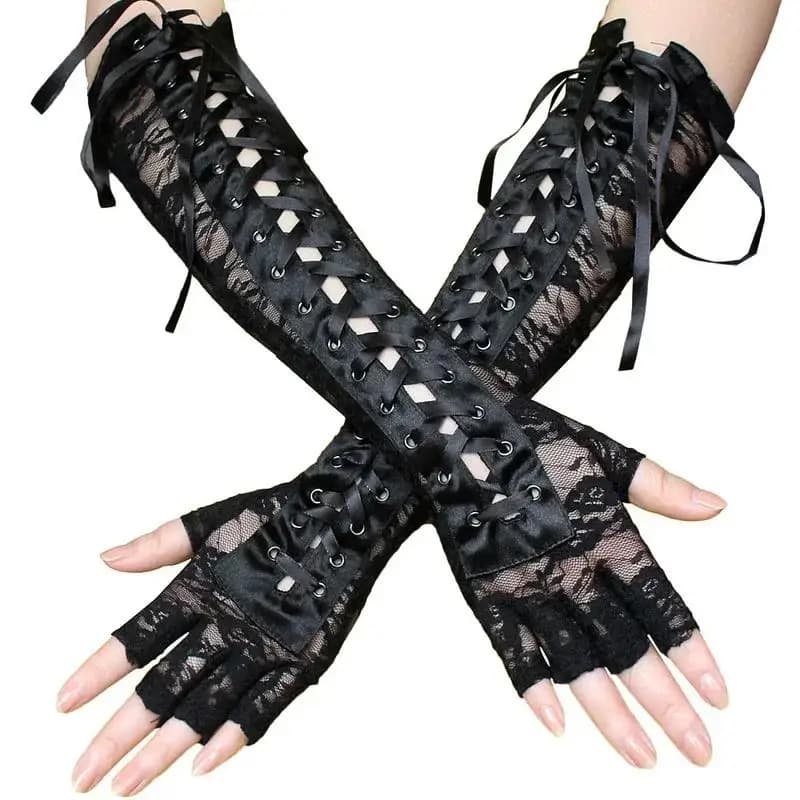 Women Sexy Floral Lace Elbow Length Half-Finger Gloves Black String Ribbon Ties Up Dance Party Fingerless Fishnet Mesh Mittens