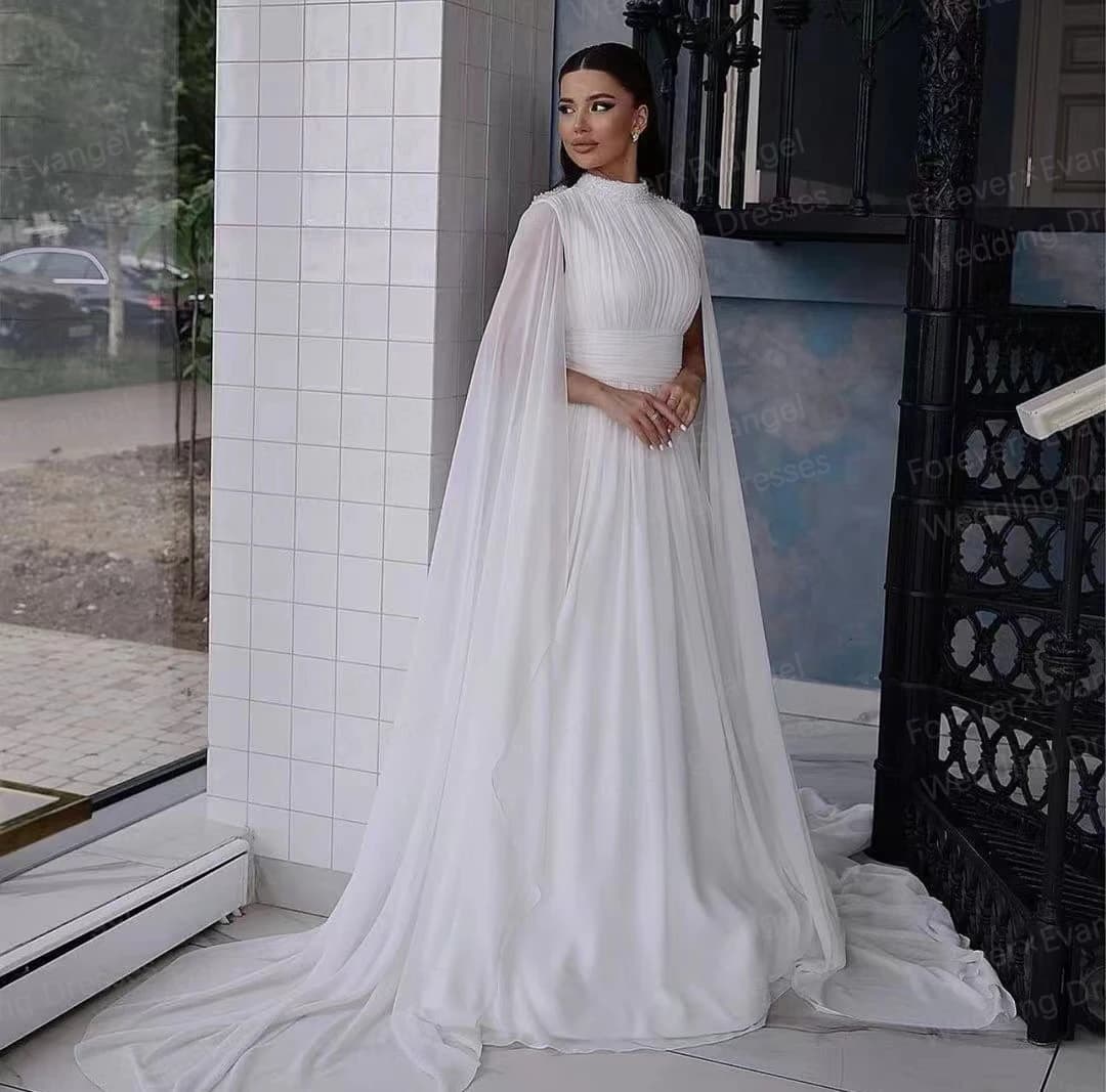 Luxury Shawl Wedding Dresses Woman's A Line Sexy High Neck Bride Gowns Long Sleeve Pleat Elegant Vestidos De Novia Customized