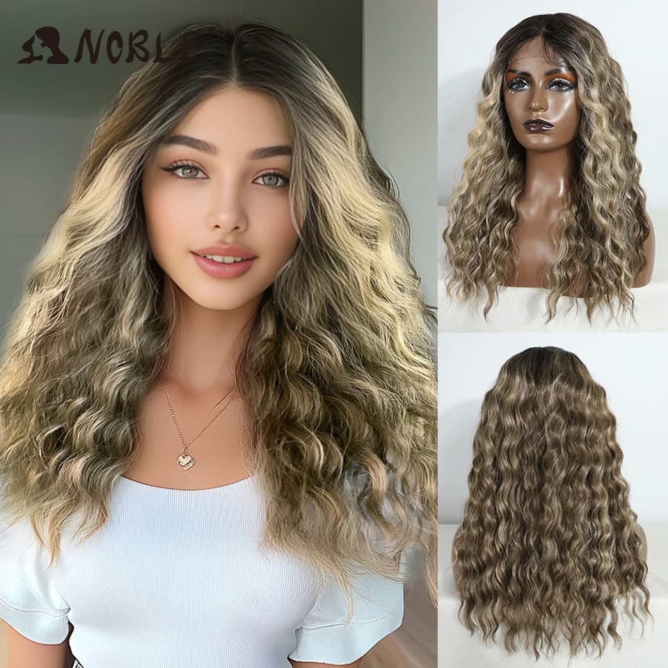 Noble Synthetic Lace Front Wig Long Curly 20 Inch Long Medium Part Lace Wig For Women Lace Front Wig Ombre Blonde Cosplay Wig