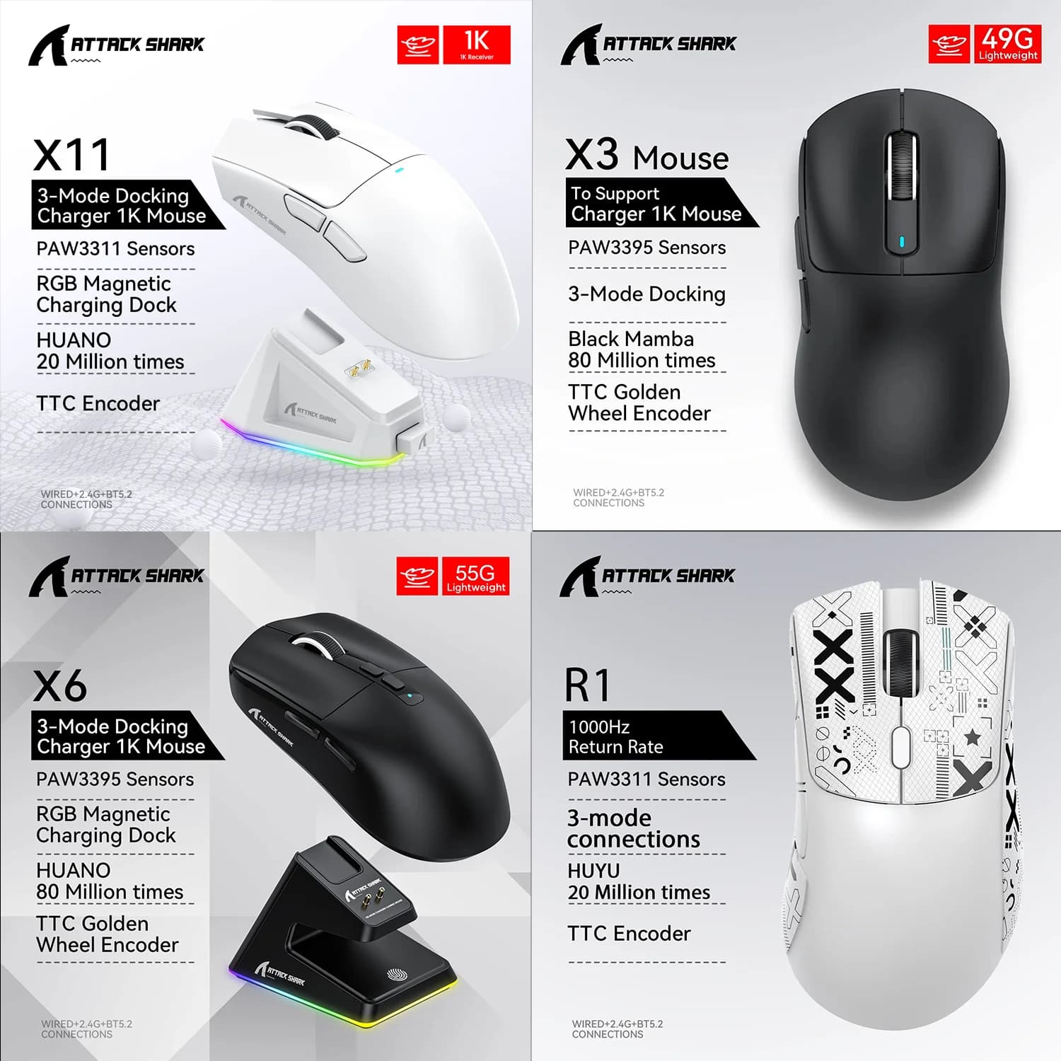 Attack Shark X11 X6 X3 R1 Wireless Gaming Mouse, RGB, Ergonomic, Ultra-Light, Tri-Mode, Macro, PAW3395/PAW3311, 26000 DPI