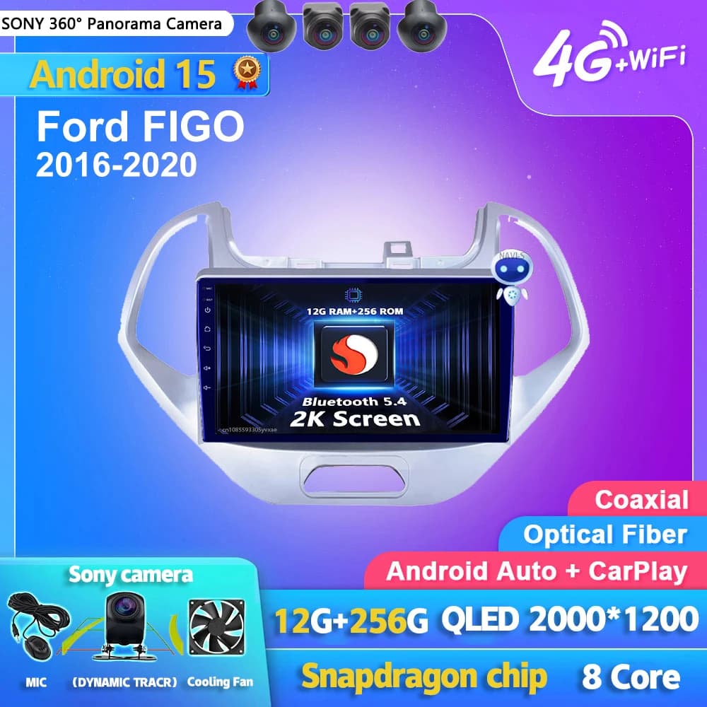 Android 15 Carplay Auto 2K Screen Car Radio BT Multimedia Video Player For Ford FIGO 2016 - 2020 Autoradio GPS Stereo Head Unit