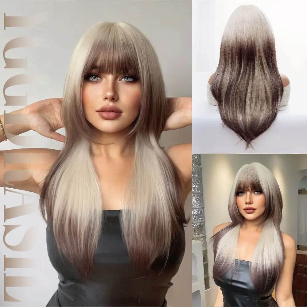 26Inch Modern Cappuccino Color With Bang Synthetic Wigs Long Straight Hime Cut Hair Wig for Women Daily Use Party Heat Resistant