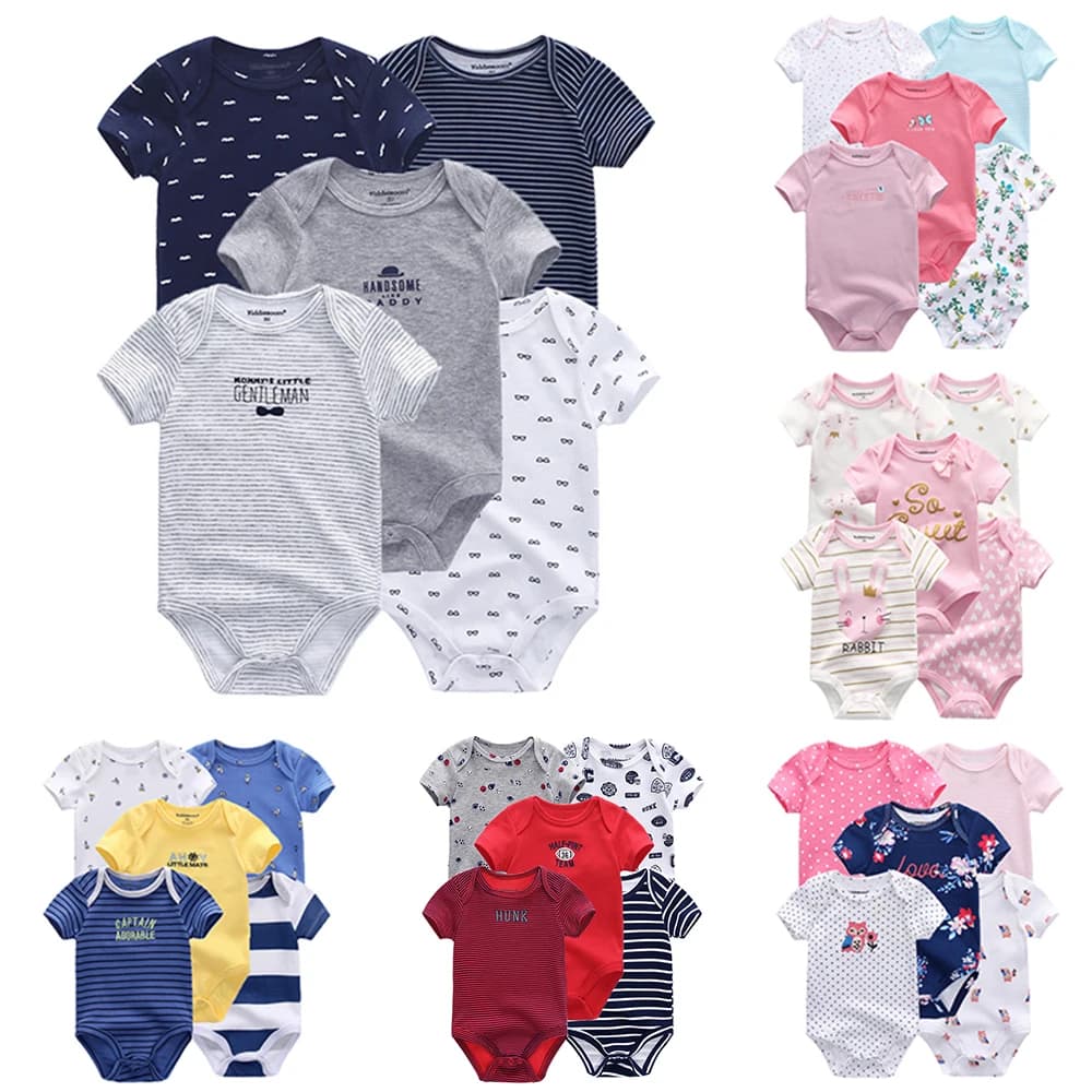 Kiddiezoom 5 Pcs/Lot Four Seasons Fashion Cartoon Short Sleeve Baby Boy Girl Bodysuits Soft 100%Cotton NewbornOnesies