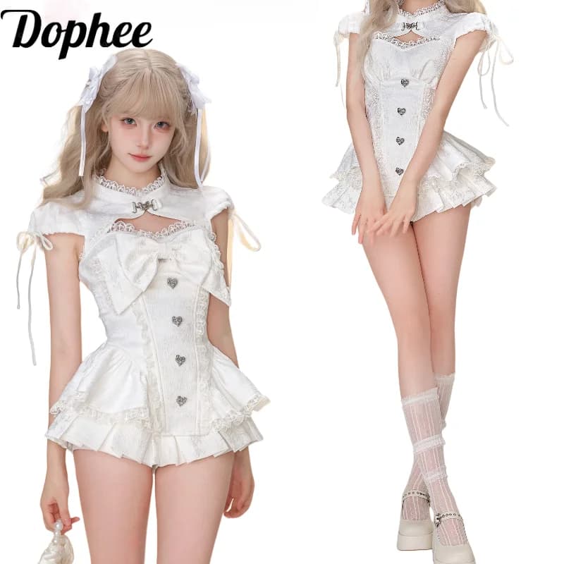 Dophee Original Sweet Girl Two-piece Set Cute Bow Diamonds Button White Dress Top + Super Short Pleated Skirt Women Suits