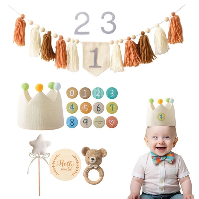 1-6 Year Happy Birthday Banner 100% Cotton Hat Magic Wand Handmade Tassel Pendant Baby Birthday Party Supply Hanging Ornament