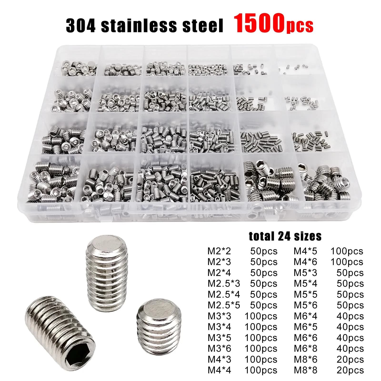 500/1500 M2 M2.5 M3 M4 M5 M6 M8 DIN913 304 Stainless Steel Black Hex Hexagon Socket Allen Flat Point Grub Bolt Set Screw Kit Box