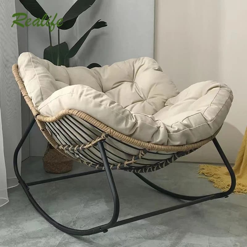Realife Woven Rattan Rocking Chair Comfortable Soft Bag For Sitting Or Lying Lazy Rocking Chair Balcony Home Use Wrought Iron