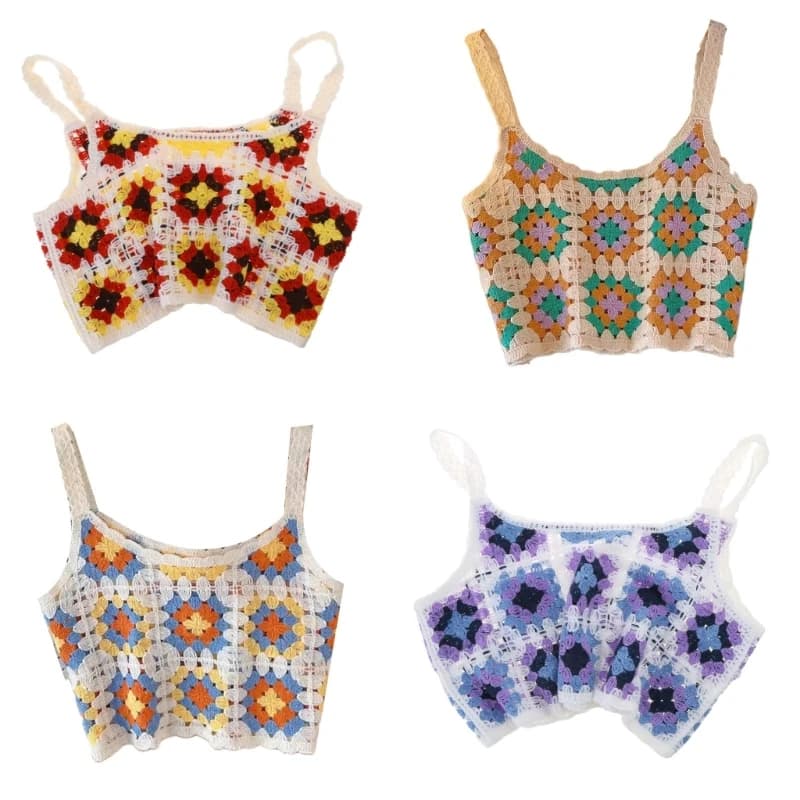 Knit Short Crop for Tank Top Women Summer Ethnic Hollow Out Crochet Contrast Color Floral Sleeveless Loose Vest Camisole